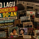Kolase bertema musik Indonesia era 90-an yang menampilkan radio klasik, kaset, CD, dan ilustrasi band legendaris sebagai simbol lagu-lagu nostalgia yang masih populer hingga saat ini.