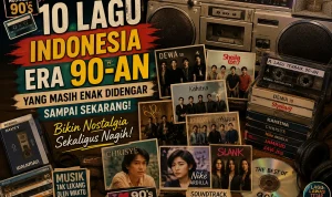 10 Lagu Indonesia Era 90-an yang Masih Enak Didengar Sampai Sekarang Kolase bertema musik Indonesia era 90-an yang menampilkan radio klasik, kaset, CD, dan ilustrasi band legendaris sebagai simbol lagu-lagu nostalgia yang masih populer hingga saat ini.