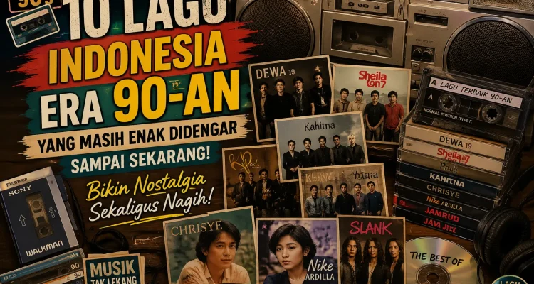 Kolase bertema musik Indonesia era 90-an yang menampilkan radio klasik, kaset, CD, dan ilustrasi band legendaris sebagai simbol lagu-lagu nostalgia yang masih populer hingga saat ini.
