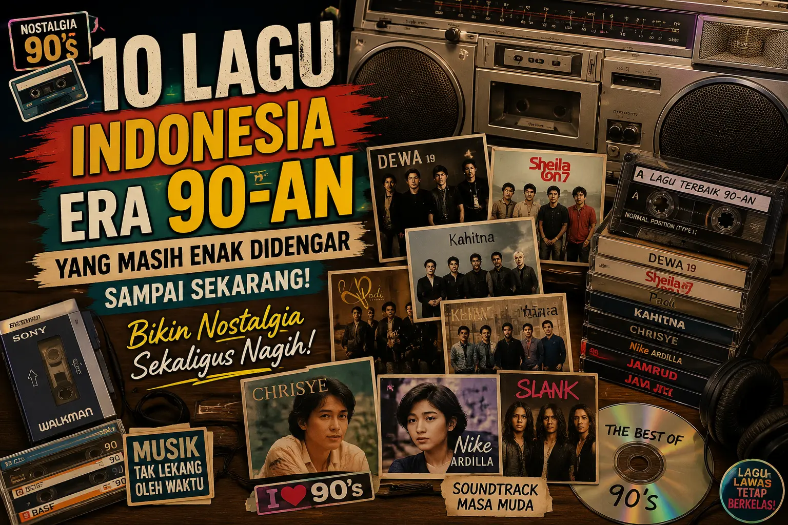 Kolase bertema musik Indonesia era 90-an yang menampilkan radio klasik, kaset, CD, dan ilustrasi band legendaris sebagai simbol lagu-lagu nostalgia yang masih populer hingga saat ini.