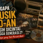 Ilustrasi musik Indonesia tahun 90-an dengan kaset, CD, radio klasik, dan nuansa nostalgia yang masih digemari hingga Generasi Z.