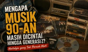 Ilustrasi musik Indonesia tahun 90-an dengan kaset, CD, radio klasik, dan nuansa nostalgia yang masih digemari hingga Generasi Z.