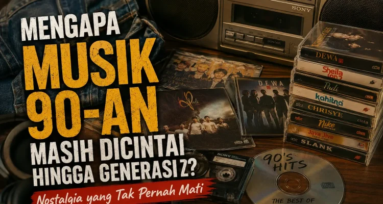 Ilustrasi musik Indonesia tahun 90-an dengan kaset, CD, radio klasik, dan nuansa nostalgia yang masih digemari hingga Generasi Z.