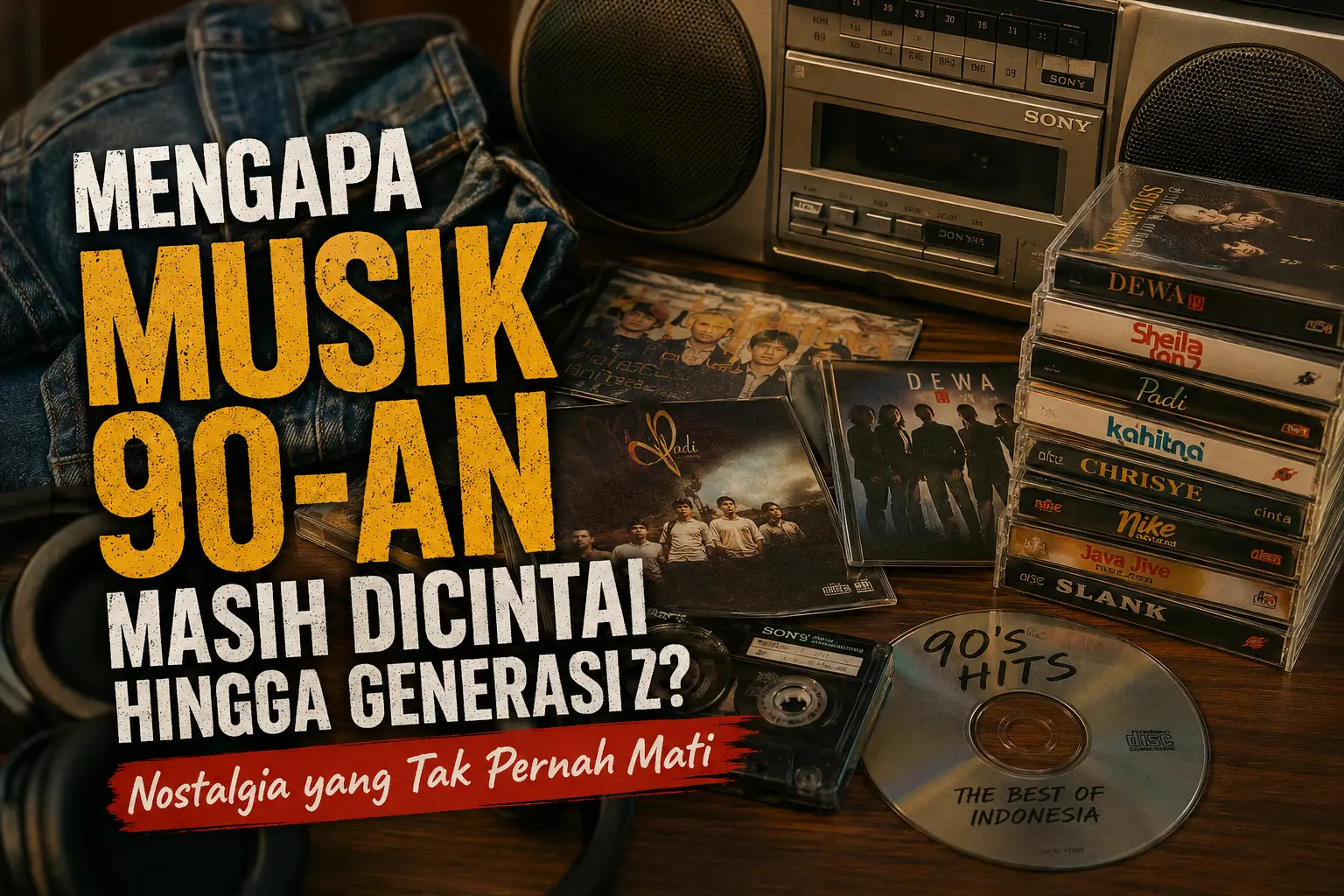 Ilustrasi musik Indonesia tahun 90-an dengan kaset, CD, radio klasik, dan nuansa nostalgia yang masih digemari hingga Generasi Z.