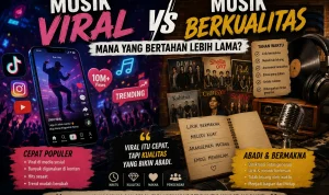 Ilustrasi perbandingan musik viral di media sosial dengan musik berkualitas yang memiliki lirik kuat, aransemen matang, dan mampu bertahan lintas generasi.