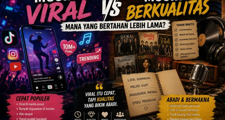 Ilustrasi perbandingan musik viral di media sosial dengan musik berkualitas yang memiliki lirik kuat, aransemen matang, dan mampu bertahan lintas generasi.