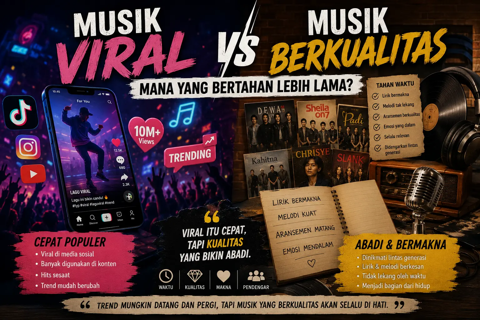 Ilustrasi perbandingan musik viral di media sosial dengan musik berkualitas yang memiliki lirik kuat, aransemen matang, dan mampu bertahan lintas generasi.