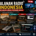 Infografik perjalanan radio di Indonesia dari era siaran analog, radio transistor, kaset, hingga radio streaming digital yang dapat diakses melalui internet.