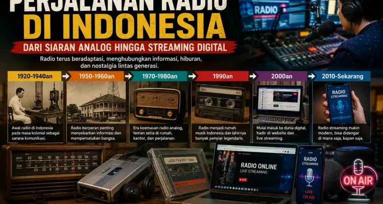 Infografik perjalanan radio di Indonesia dari era siaran analog, radio transistor, kaset, hingga radio streaming digital yang dapat diakses melalui internet.