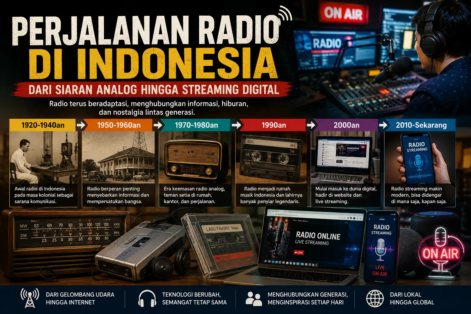 Infografik perjalanan radio di Indonesia dari era siaran analog, radio transistor, kaset, hingga radio streaming digital yang dapat diakses melalui internet.